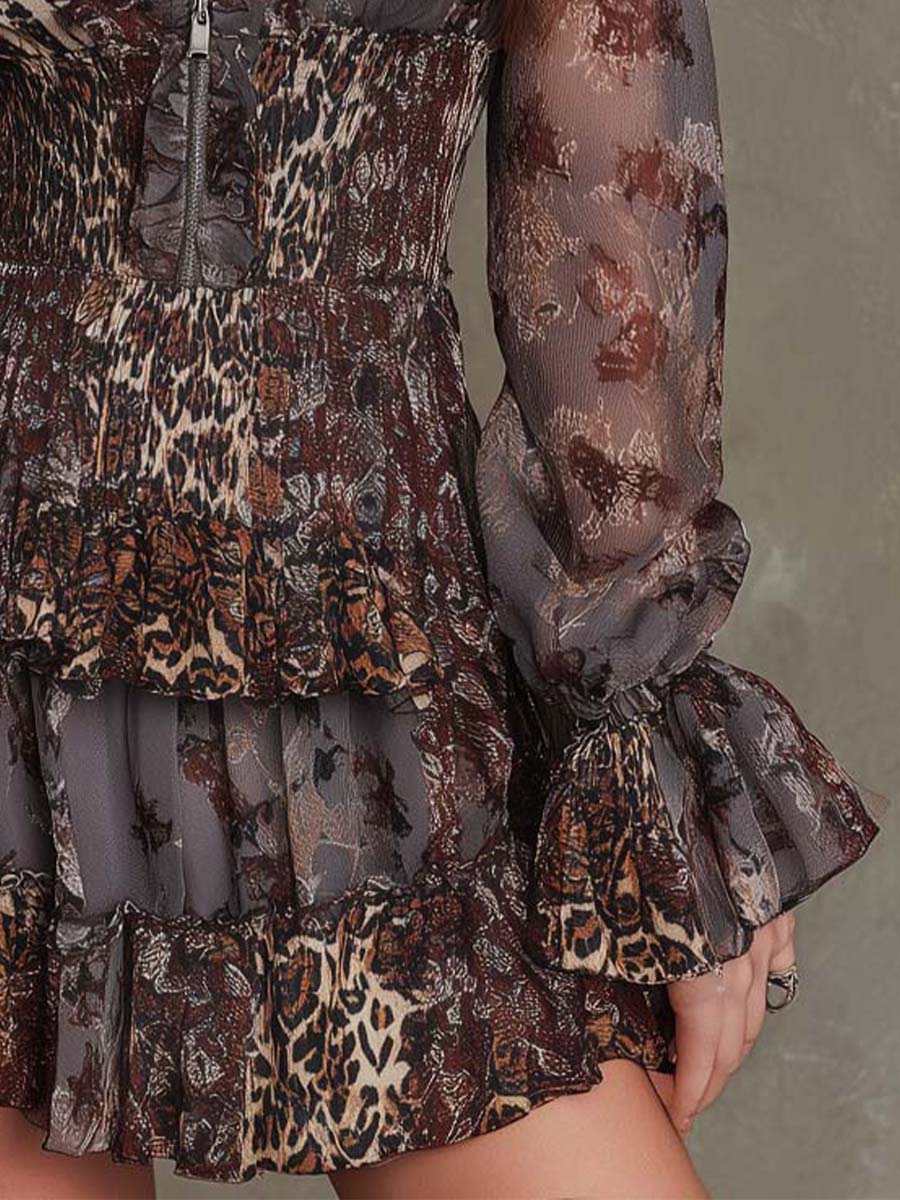 Boho Ruffled Zip-Front Leopard Mixed-Print Mini Dress