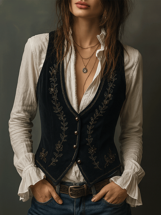 Vintage Black VelvetGold Stitching Waistcoat