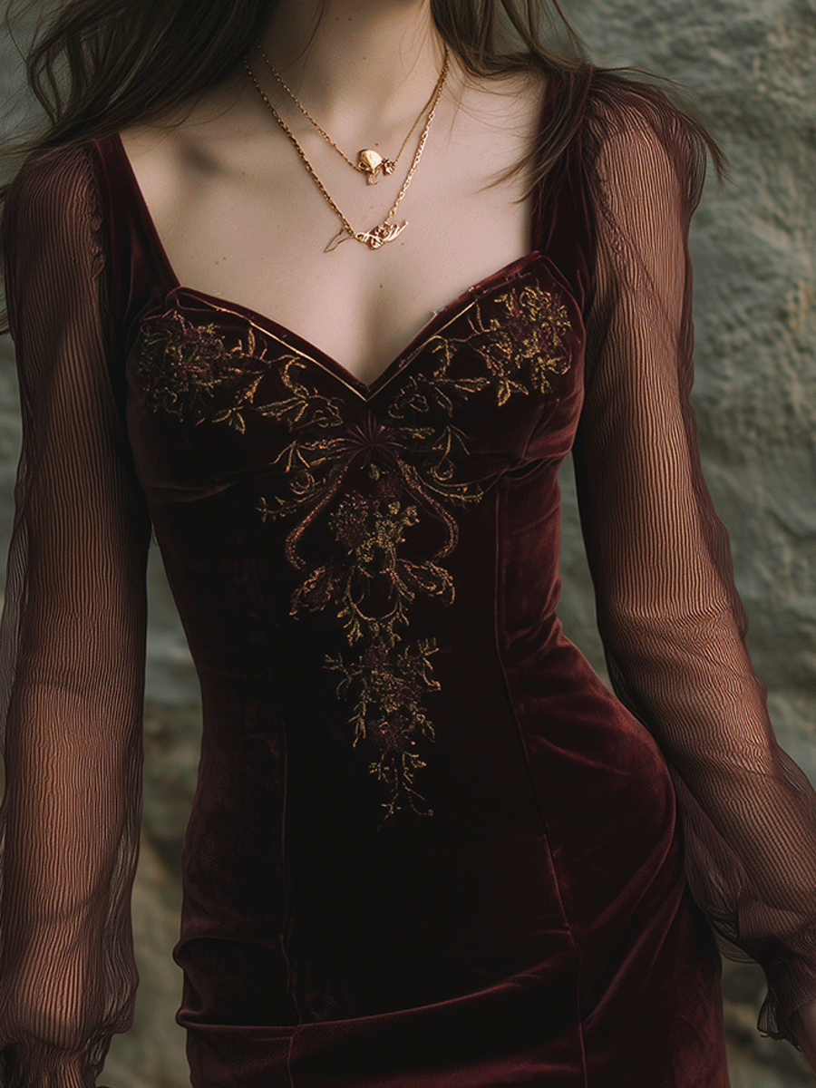 Elegant Burgundy Velvet Embroidered Mini Dress