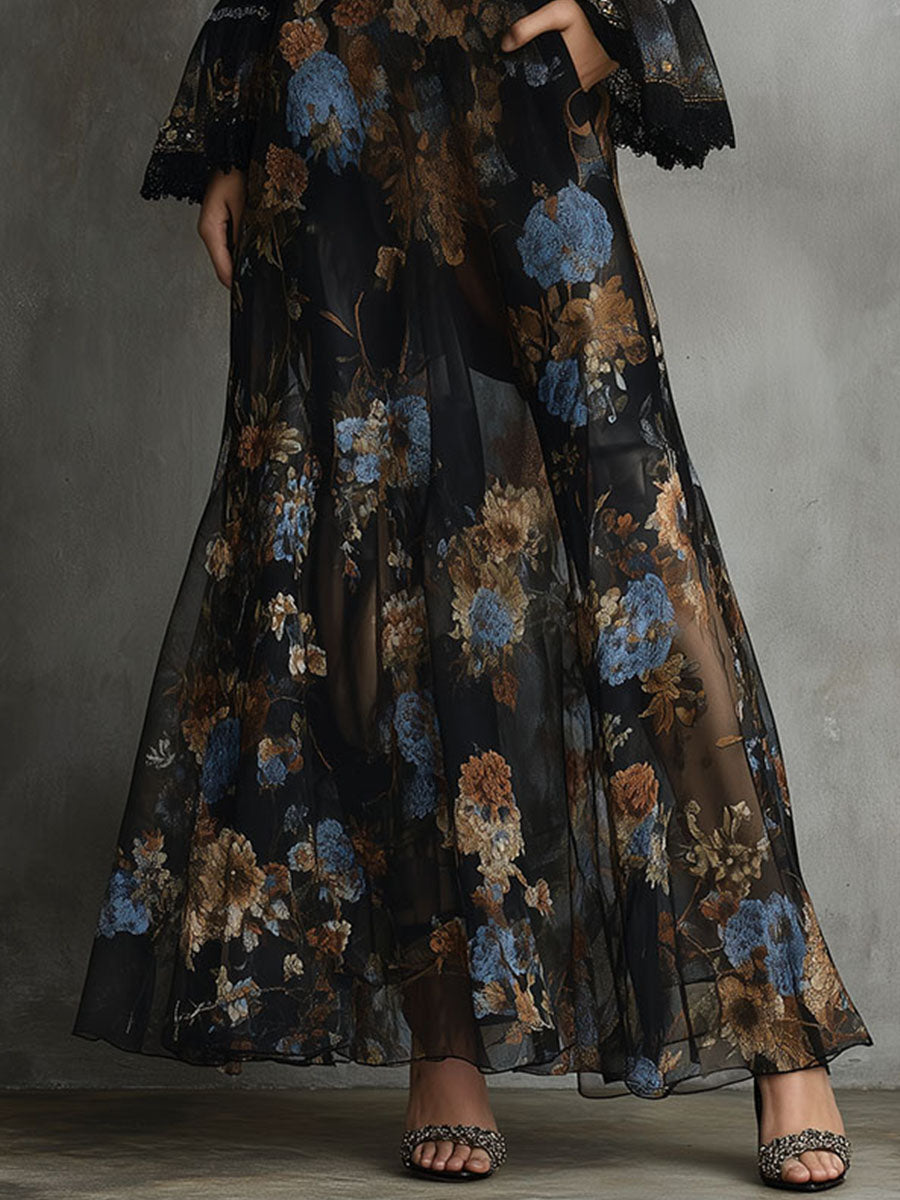 Bohemian Lace Trim Black Floral Chiffon Maxi Dress