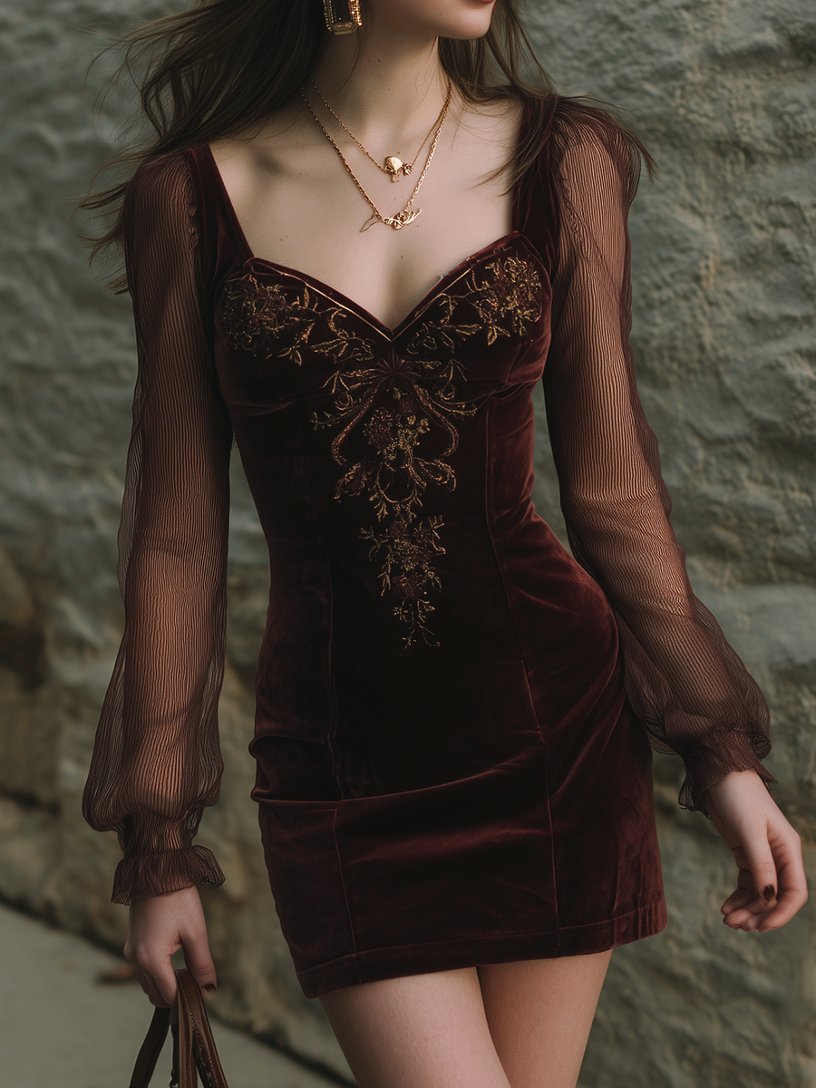 Elegant Burgundy Velvet Embroidered Mini Dress