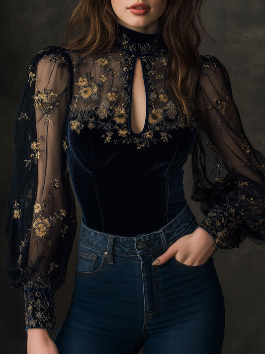 Retro Velvet Embroidered Mesh Stitching Blouse