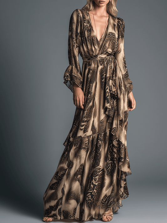 Elegant Printed Chiffon Ruffle Details Maxi Dress