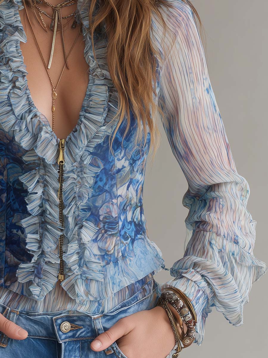 Printed Chiffon Ruffle-Trim Corset Top