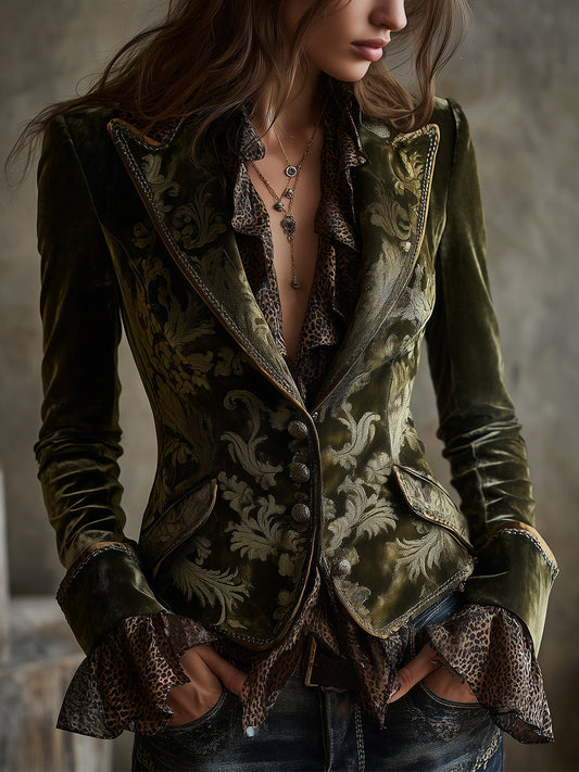 Quiet Luxury Retro Baroque Pattern Polyester Velvet Blazer