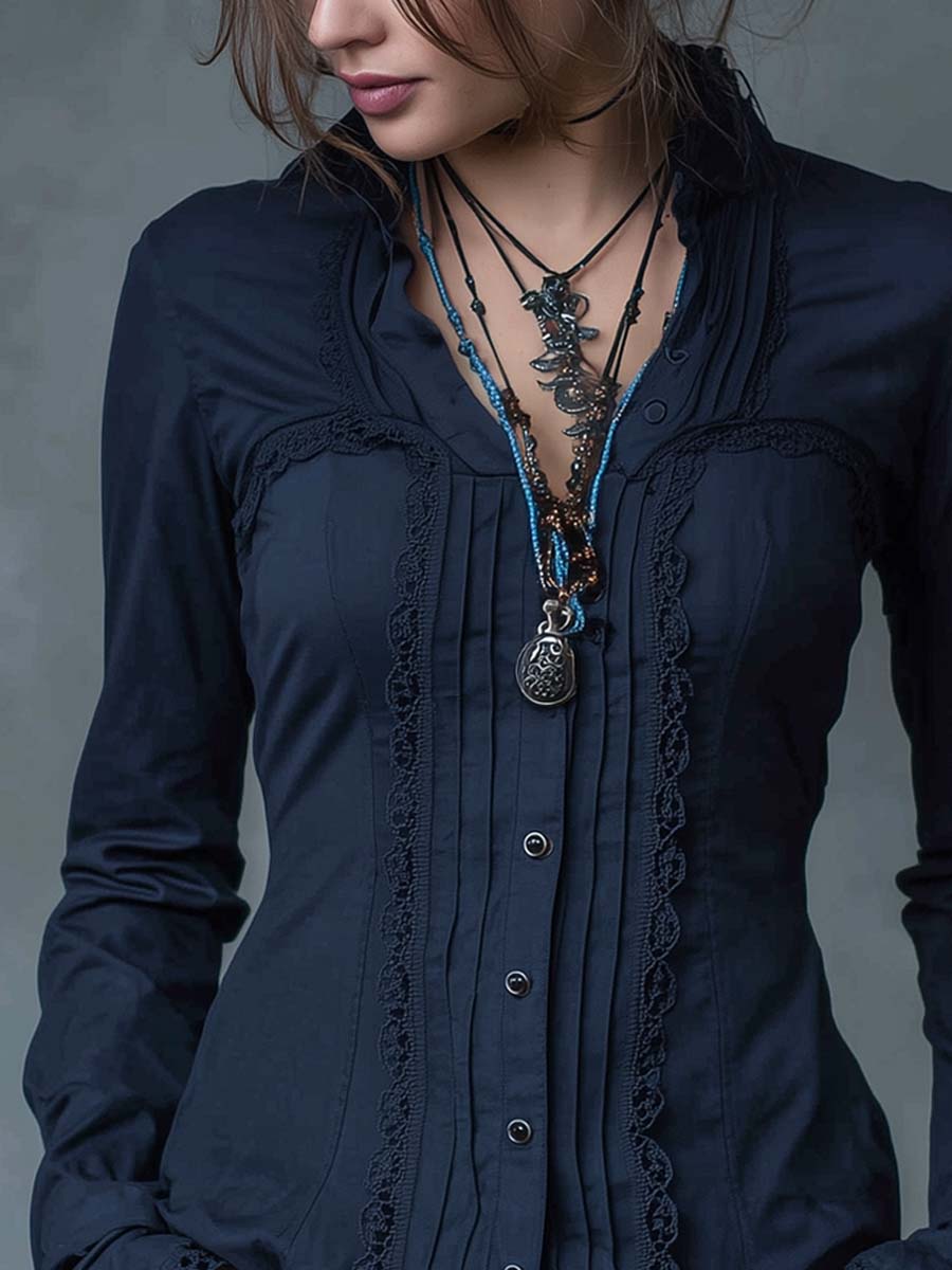 Retro Pleated Lace Long-sleeved Blouse