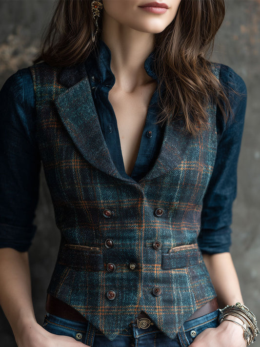 Retro Lapel Plaid Wool Vest