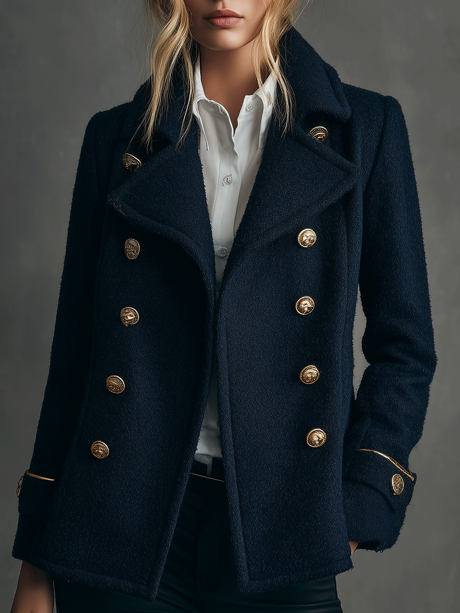 Classic Navy Wool-Blend Double-Breasted Peacoat Gold Buttons Coat