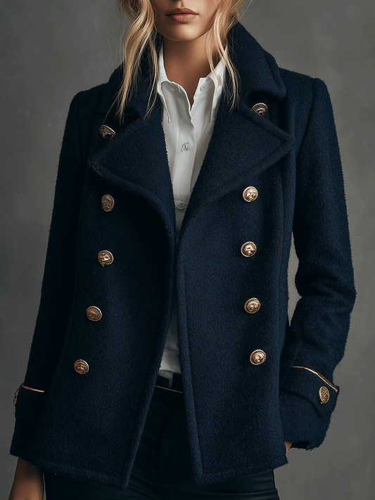 Classic Navy Wool-Blend Double-Breasted Peacoat Gold Buttons Coat