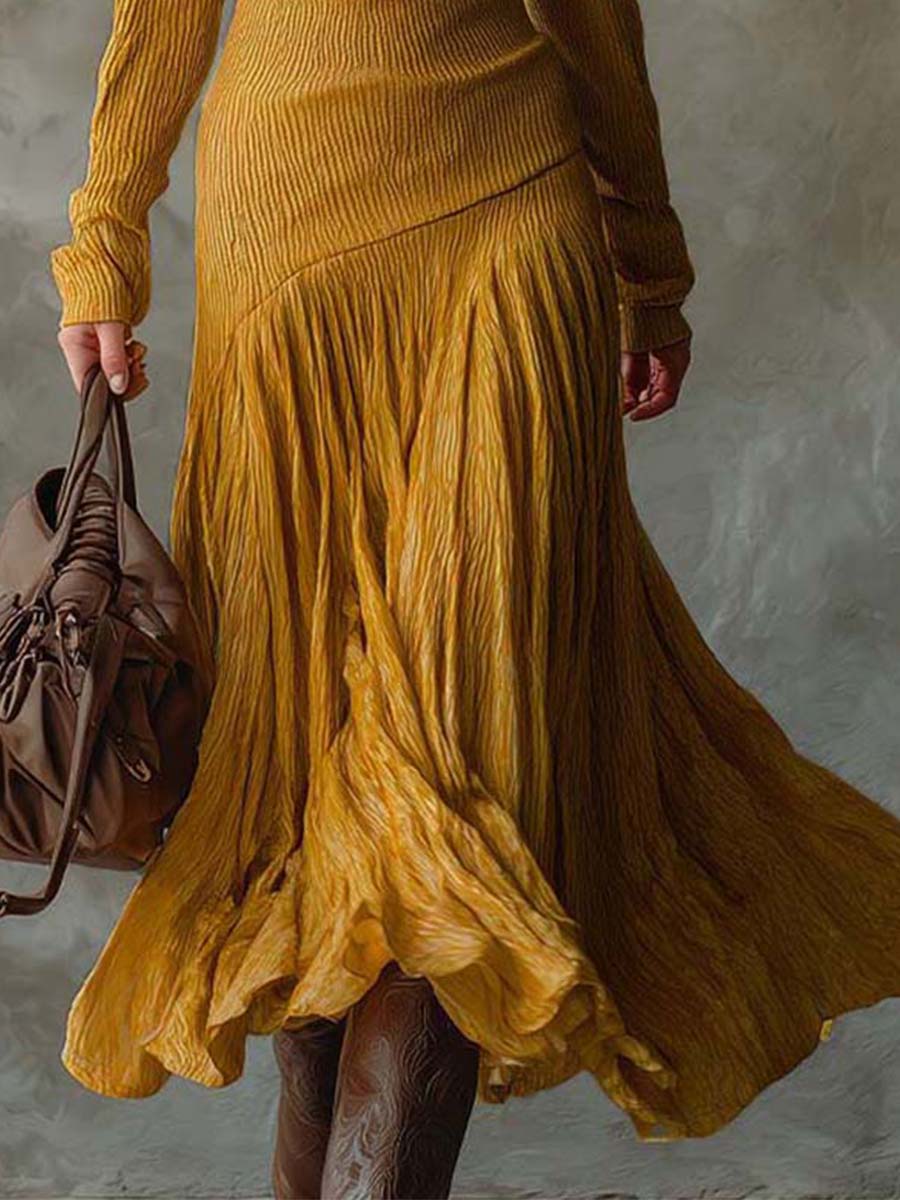 Ribbed Knit Dress With Pleated Flowing Skirt