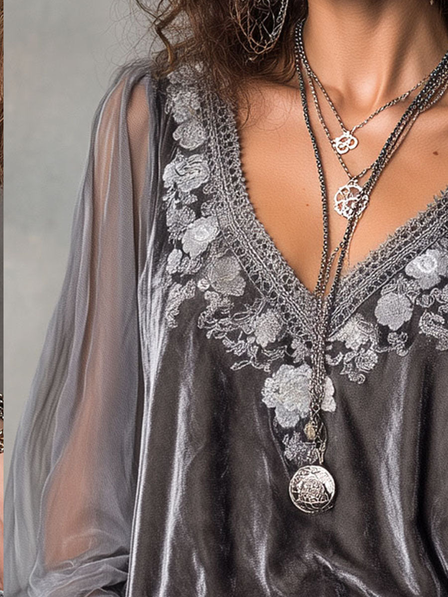 Vintage Grey Embroidered Velvet Blouse With Lace And Sheer Balloon Sleeves