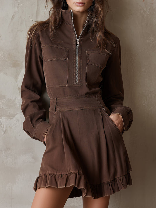 Retro Washed Half-zip Ruffled Hem Denim Mini Dress