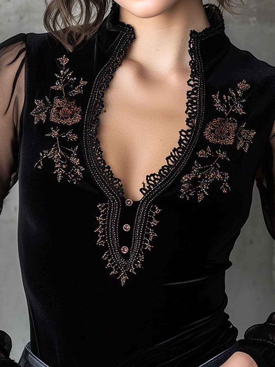 Floral Embroidery Velvet Sheer Sleeve Top With Lace Trim