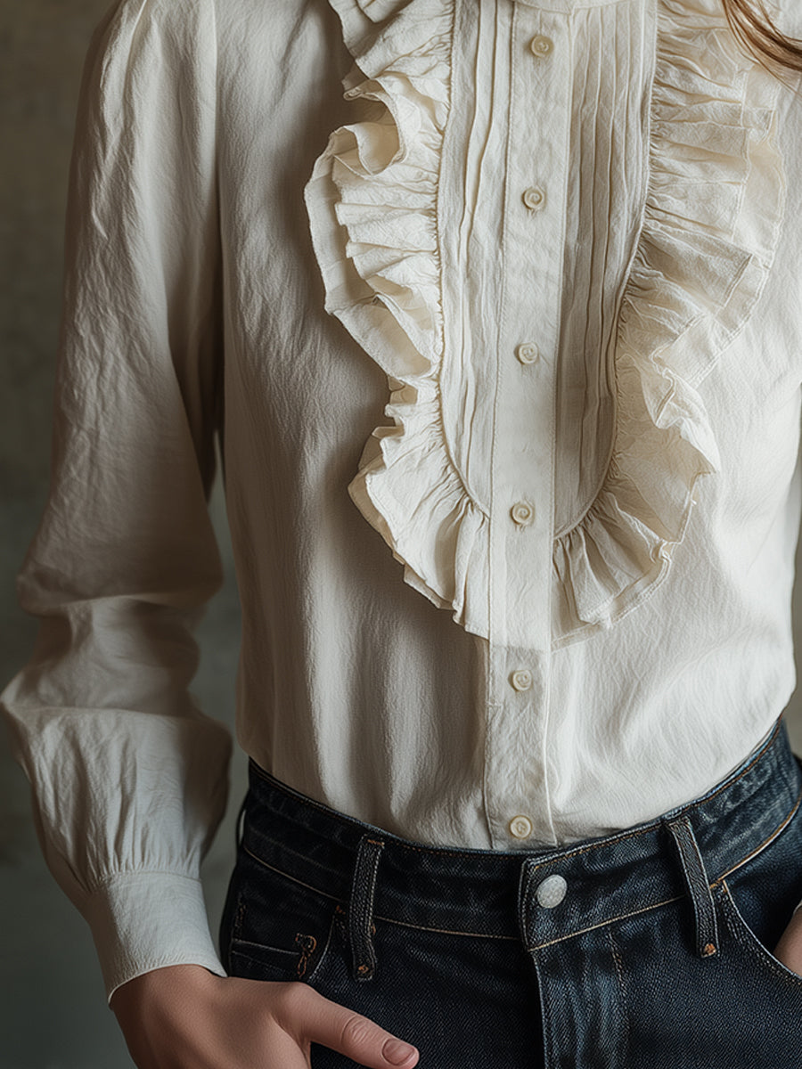 Vintage Cotton Blend Ruffle Placket Blouse