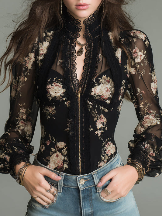 Vintage Printed Chiffon Blouse With Front Zipper And Lace Trim