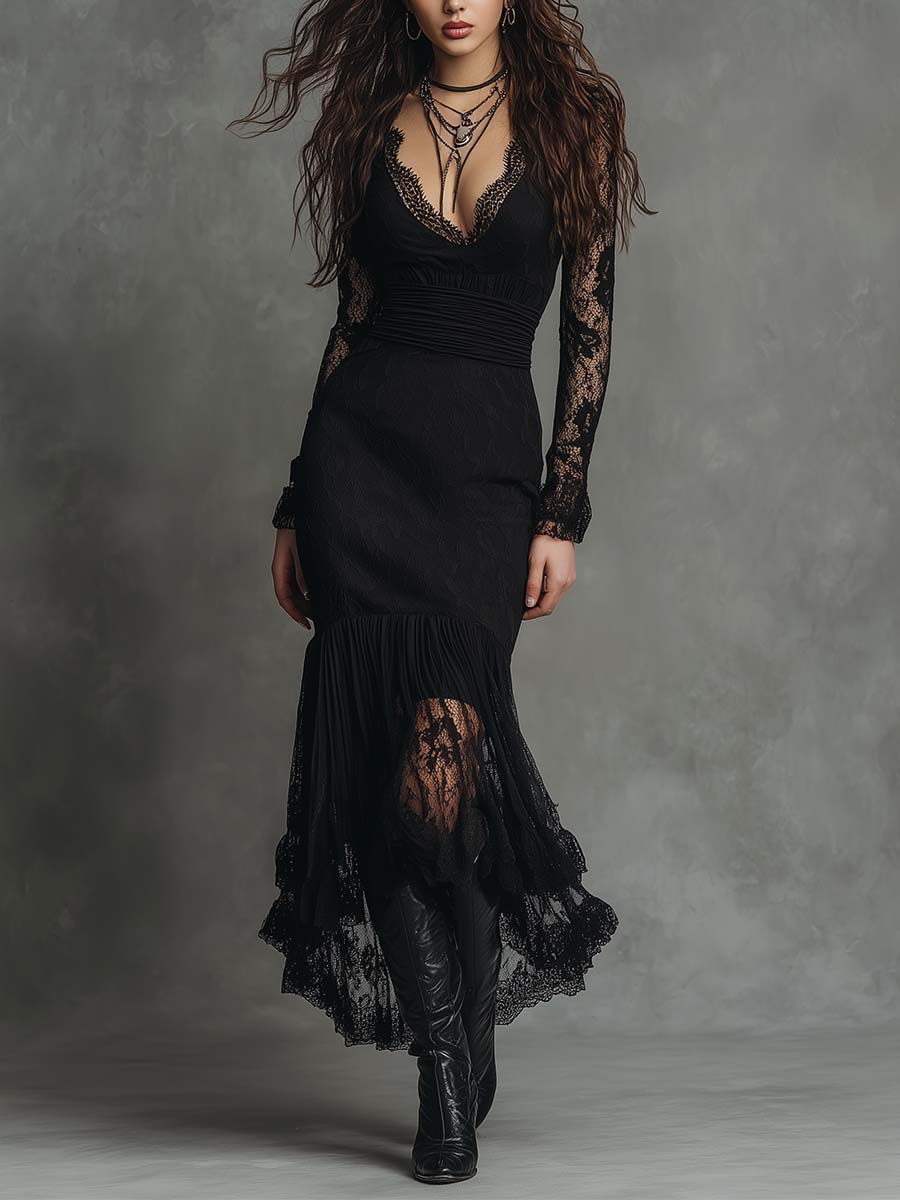 Black Lace-Panel Pleated Hem Maxi Dress