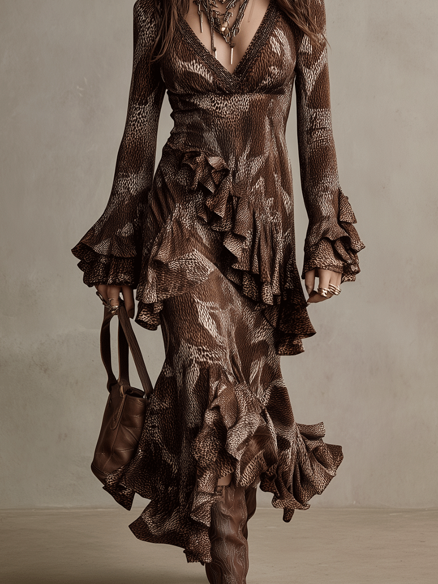 Vintage Brown Flounce Long Sleeve Gown Maxi Dress