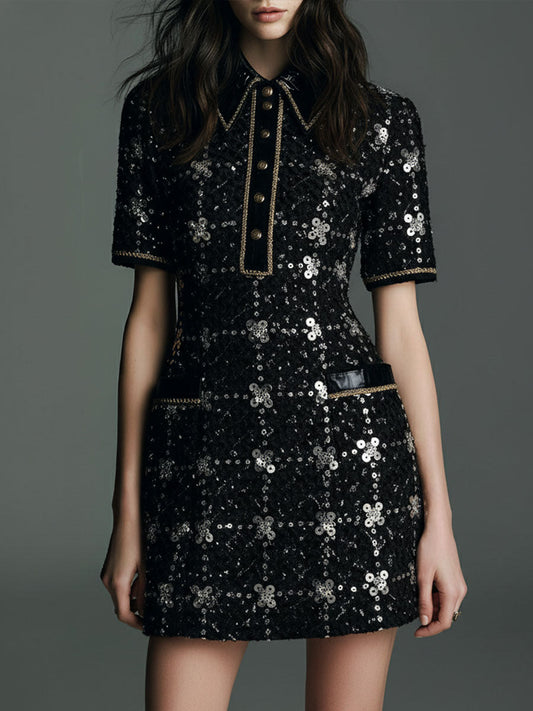 Retro Glamour Luxe Black Sequin Tweed Mini Dress