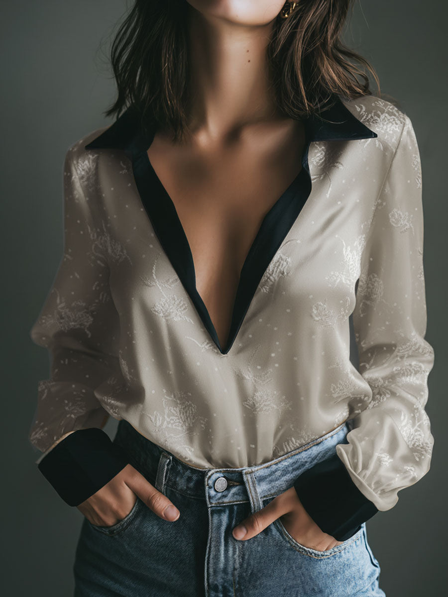 Luxry Lapel V-neck Champagne Jacquard Blouse With Contrast Trim