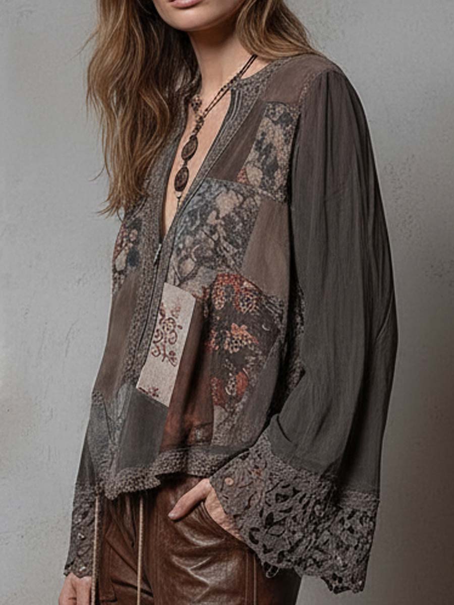 Bohemian Patchwork Eco-Suede Top With Vintage Floral Prints