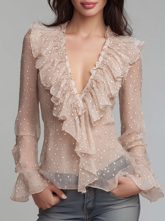 Blush Nude Asymmetric Ruffled Polka-Dot Sheer Blouse
