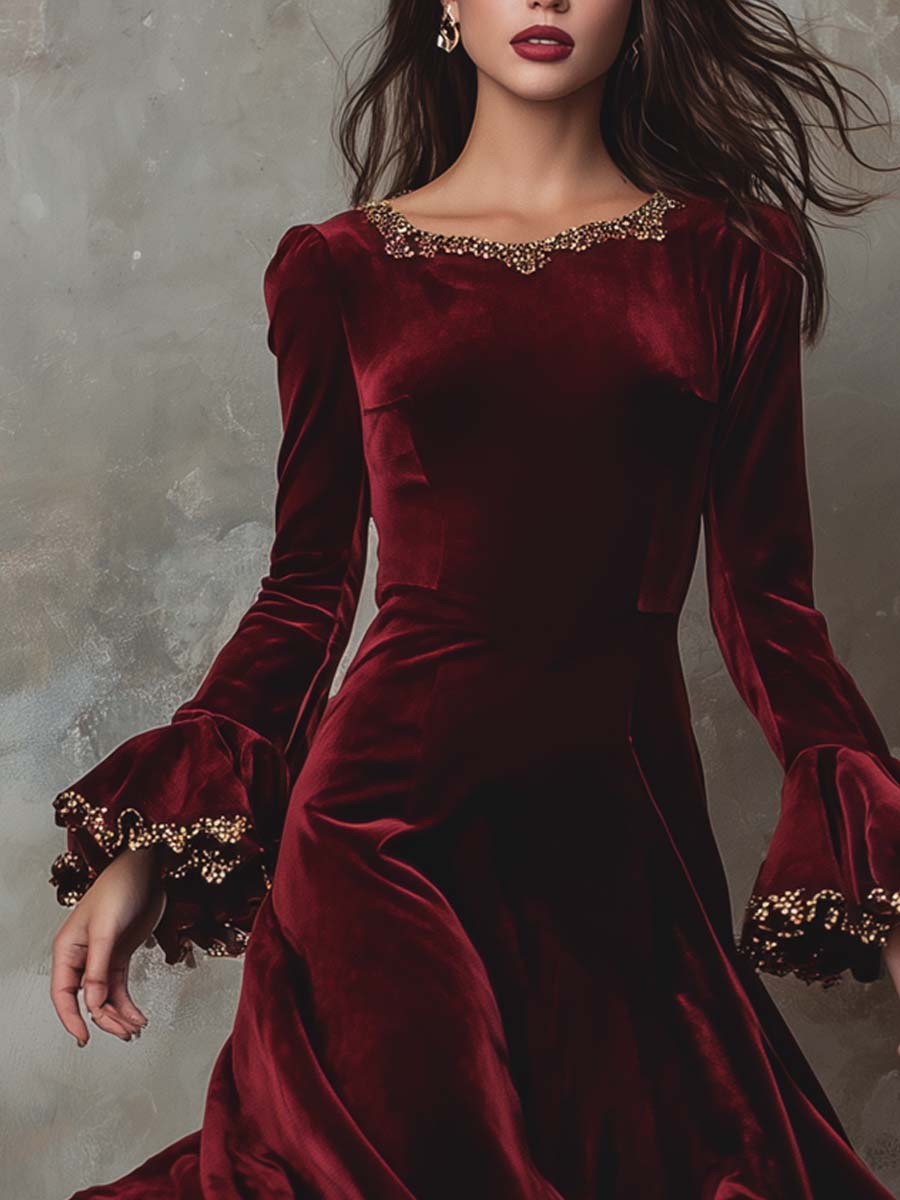 Vintage Gold Lace-trimmed Polyester Velvet Midi Dress