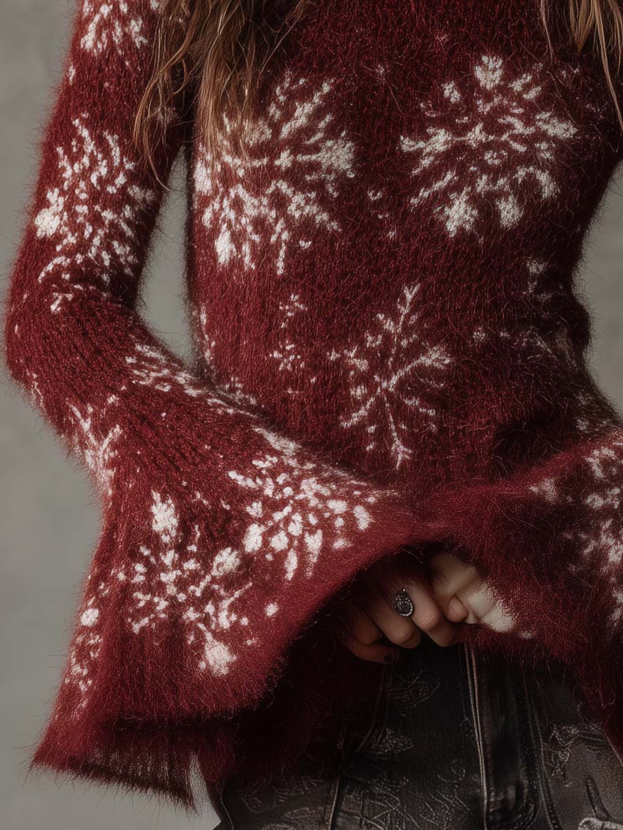 Burgundy Snowflake Print Bell Sleeve Sweater