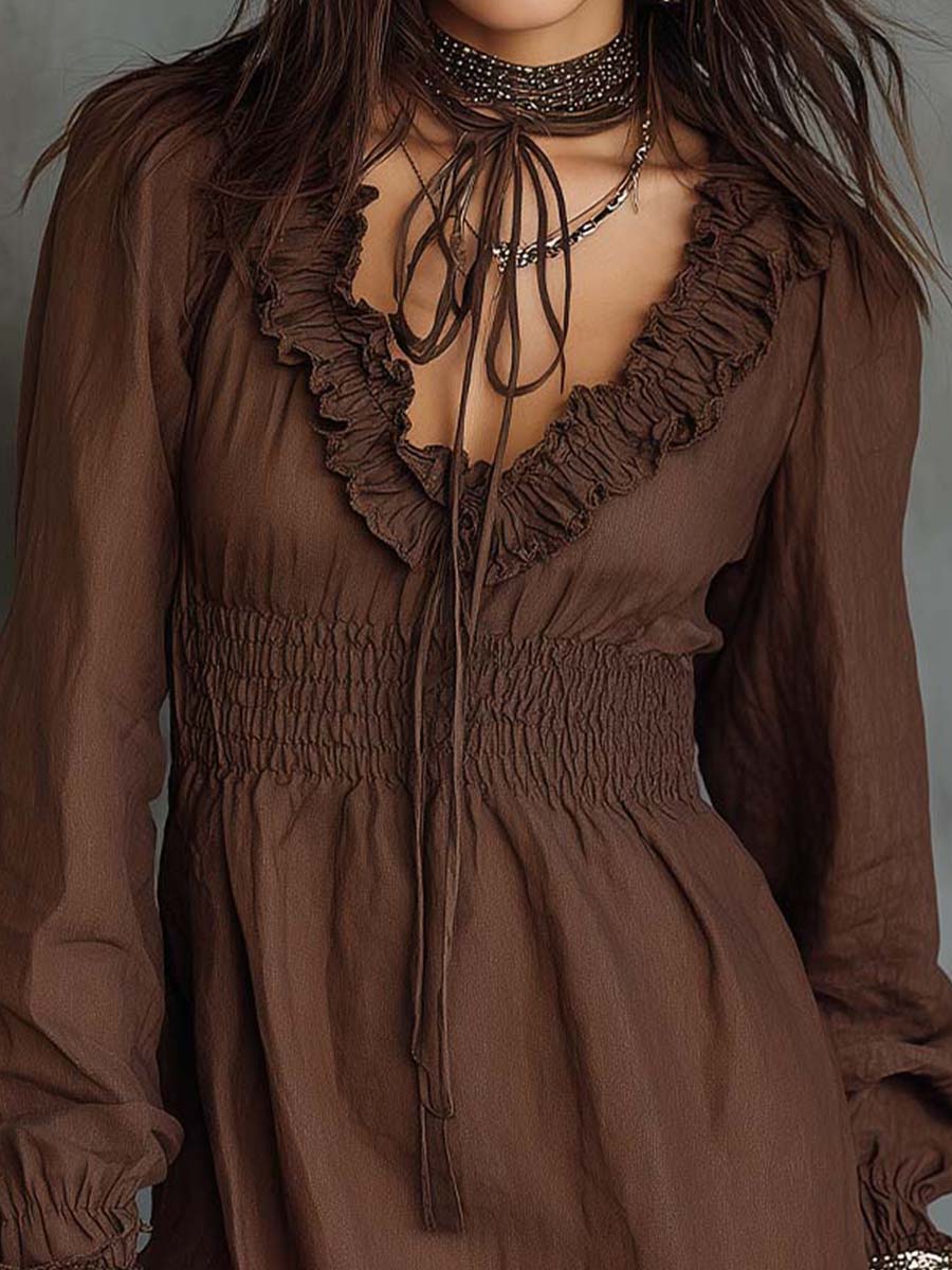 Ruffled V-Neck Mini Dress With Smocked Waist And Lace Hem