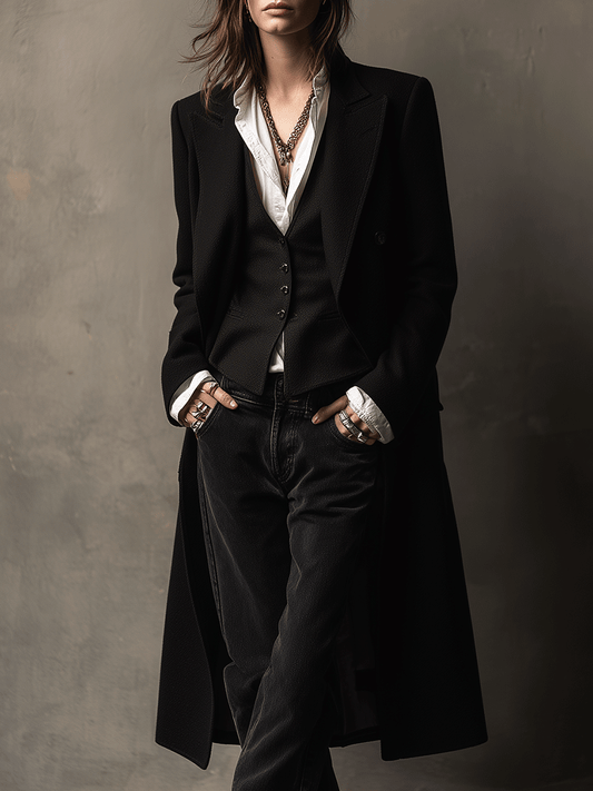 Vintage Noir Tailored Maxi Blazer Coat