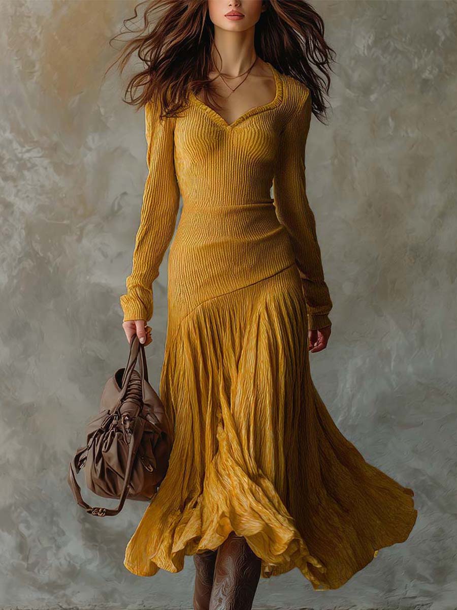 Ribbed Knit Dress With Pleated Flowing Skirt