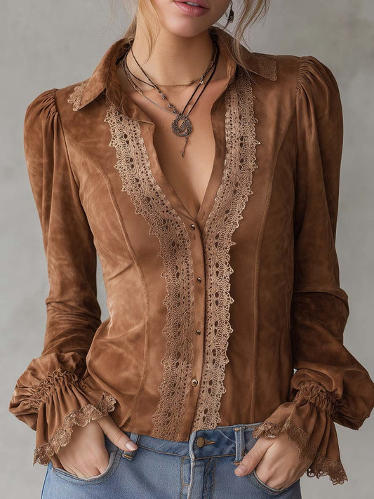 Vintage Lace Placket Polyester Suede Blouse