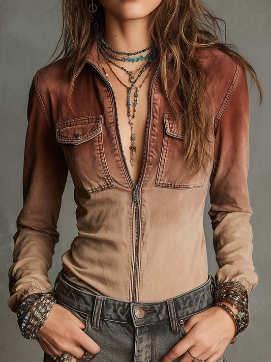 Vintage Distressed Ombre Denim Blouse