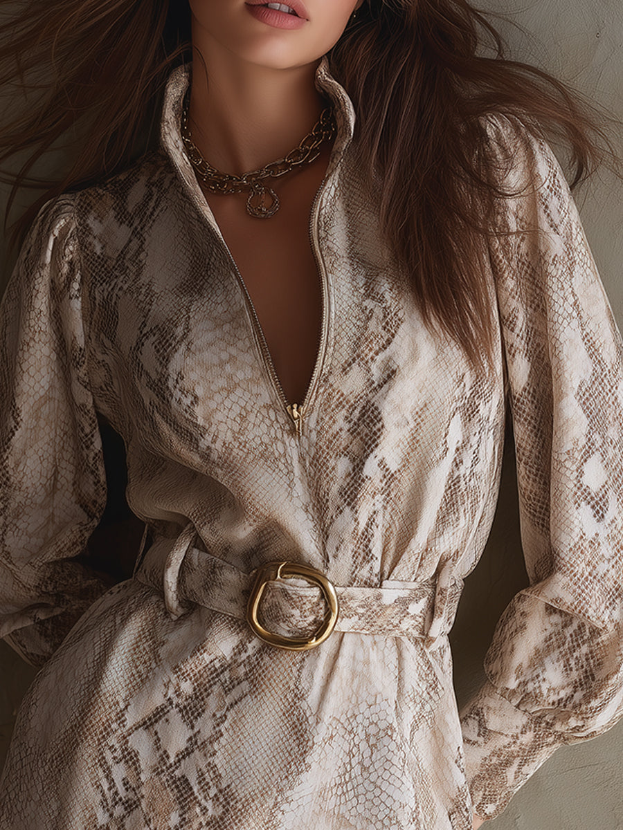 Stylish Snake Print Polyester Suede Mini Dress With Belt