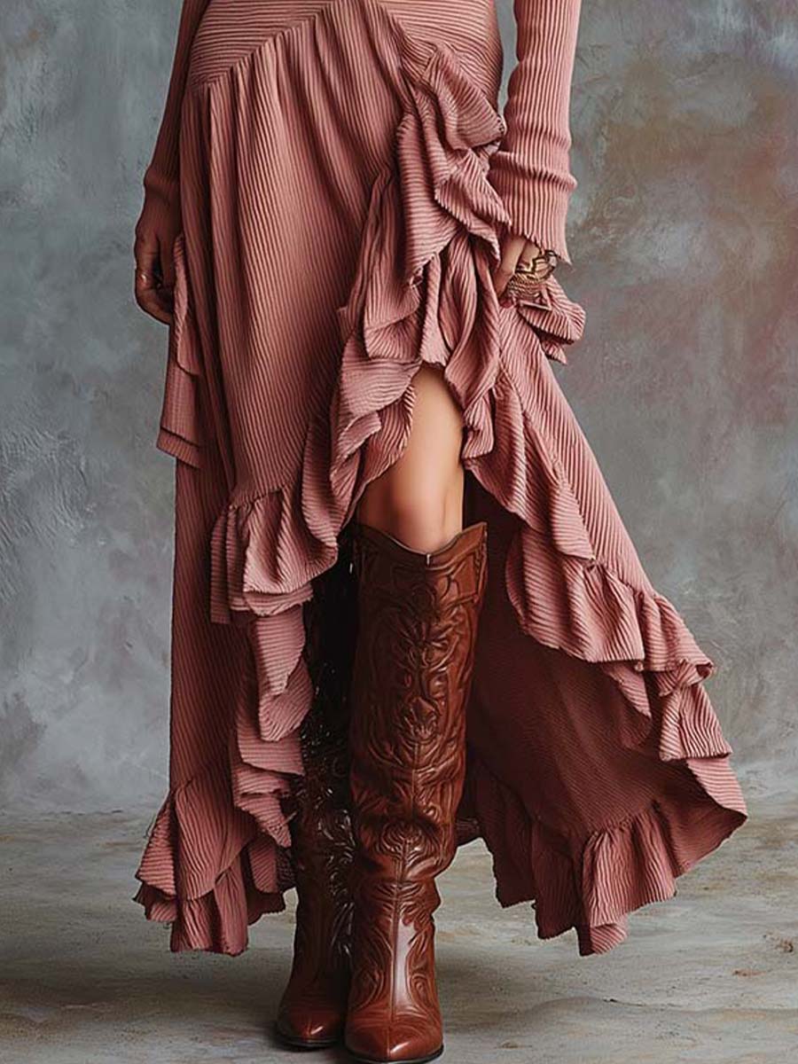 Zipper-Collar Ribbed Asymmetric Ruffle Maxi Dress