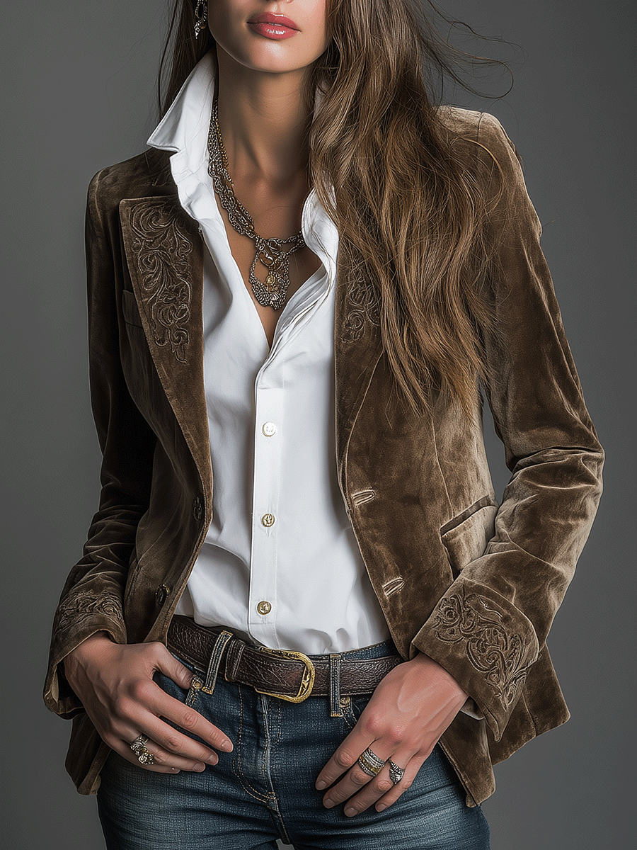 Vintage Taupe Velvet Embroidered Blazer
