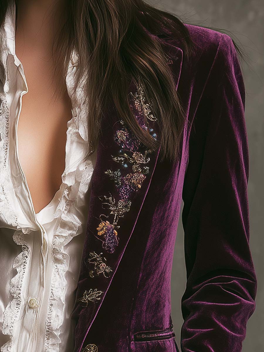 Vintage Plum Velvet Embroidered Blazer