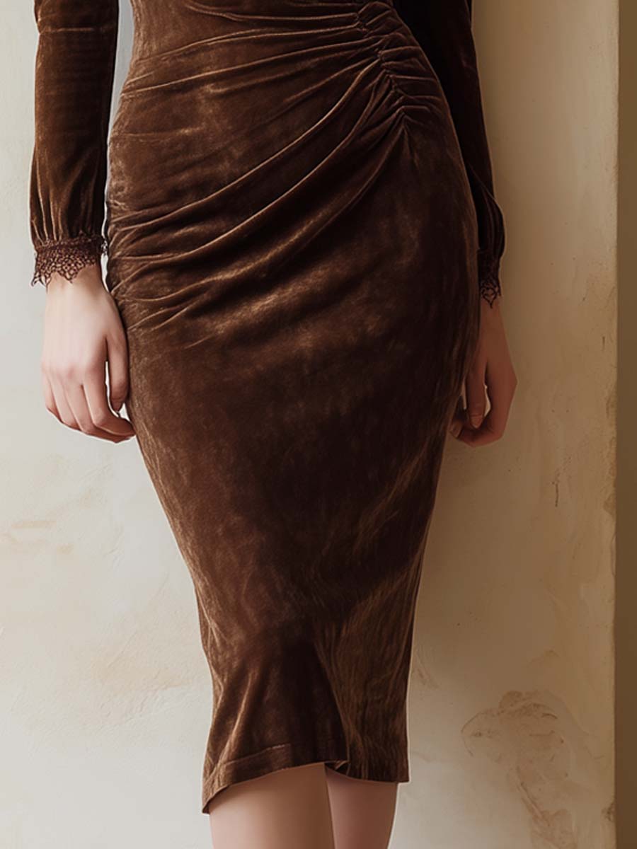 Vintage Lace Trim Pleated Waist Polyester Velvet Midi Dress