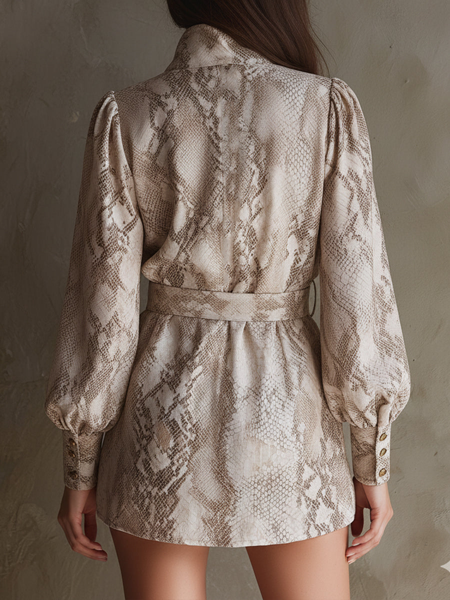 Stylish Snake Print Polyester Suede Mini Dress With Belt