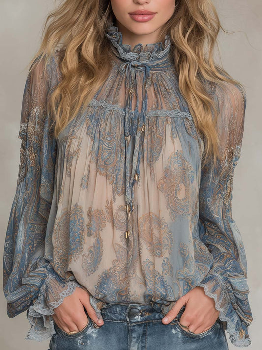 Vintage Sheer Paisley Ruffle Blouse