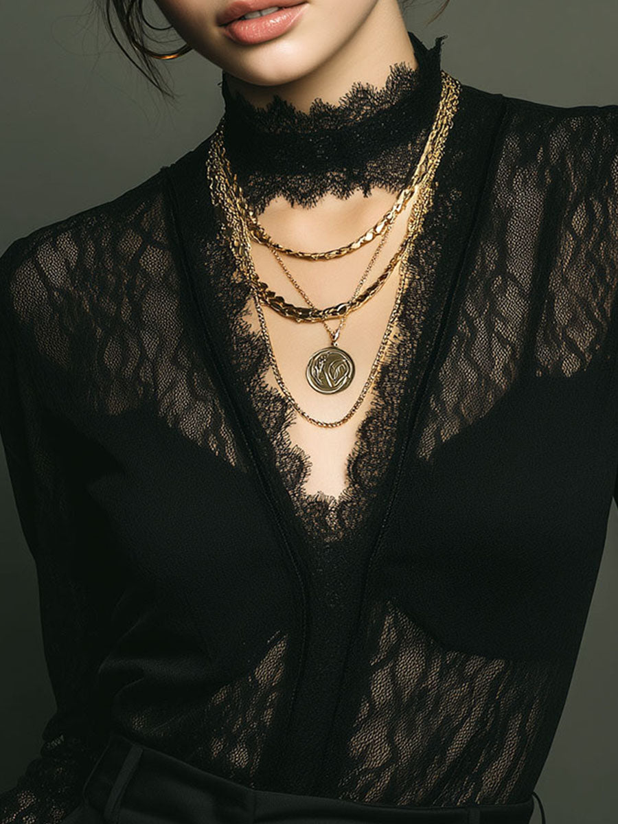 Sheer Black Lace Deep V Blouse – Vintage Gothic Long Sleeve Shirt With Scalloped Trim