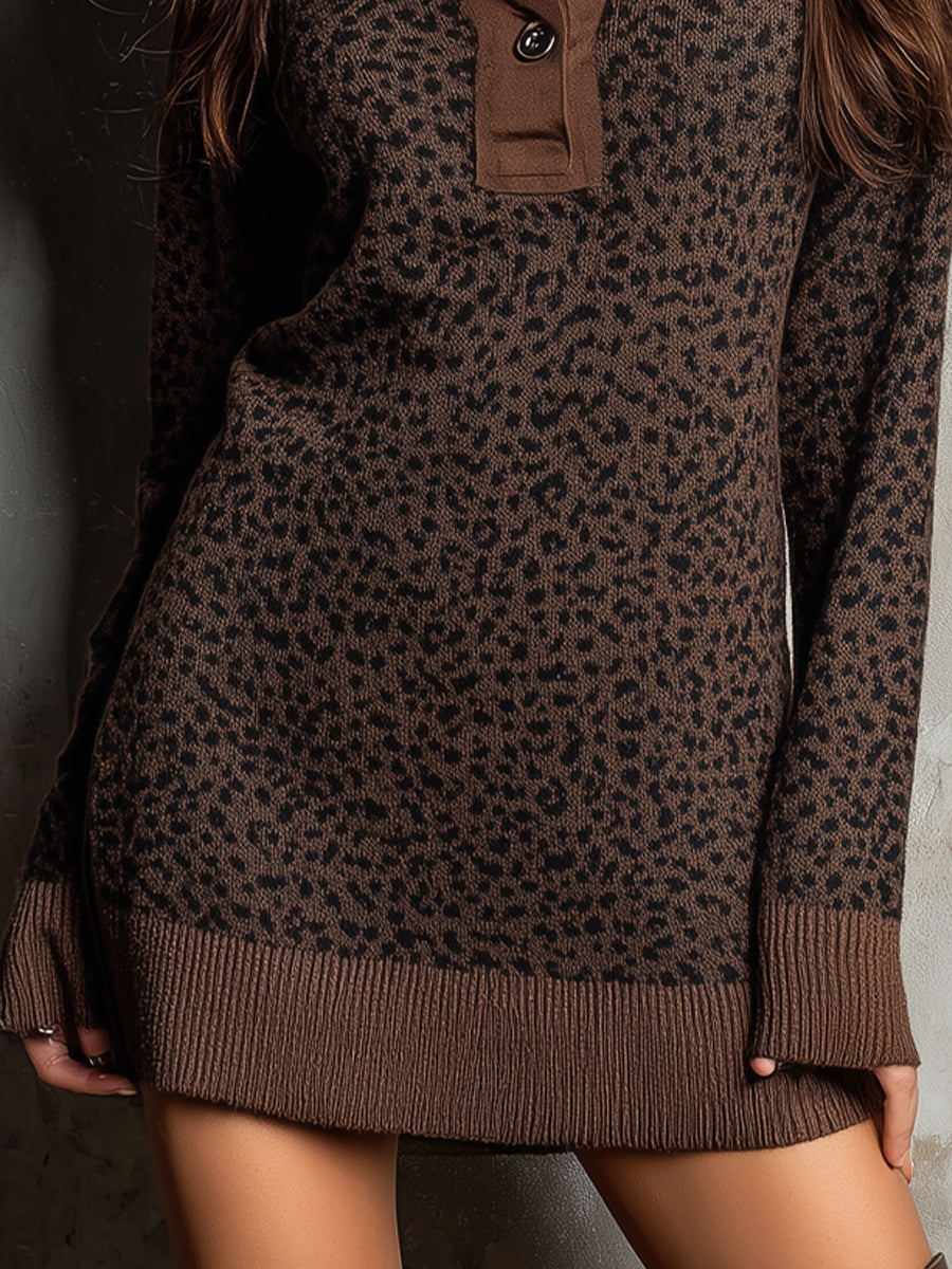 Boho Shirt Collar Spliced leopard Print Knitted Mini Dress