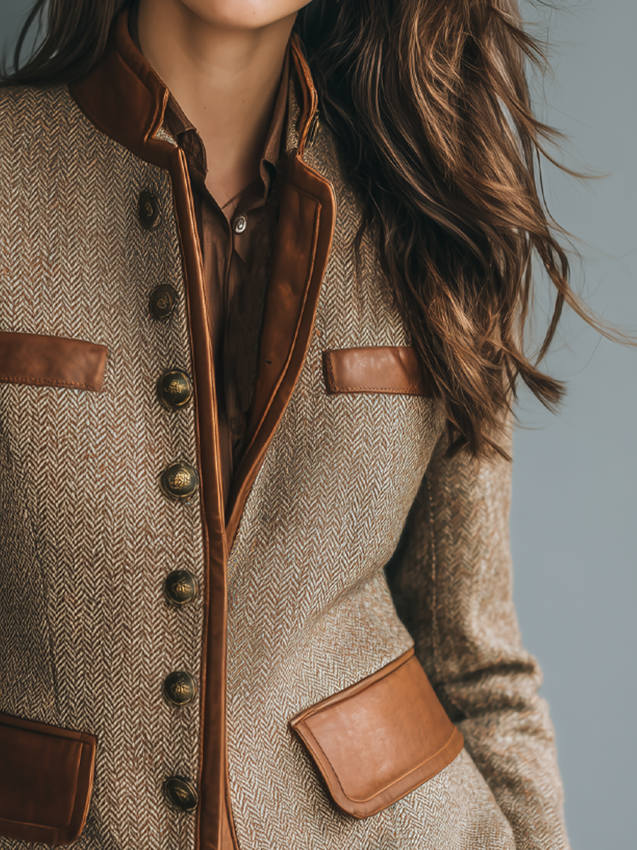Vintage Eco-Leather Trim Pocket Tweed Jacket