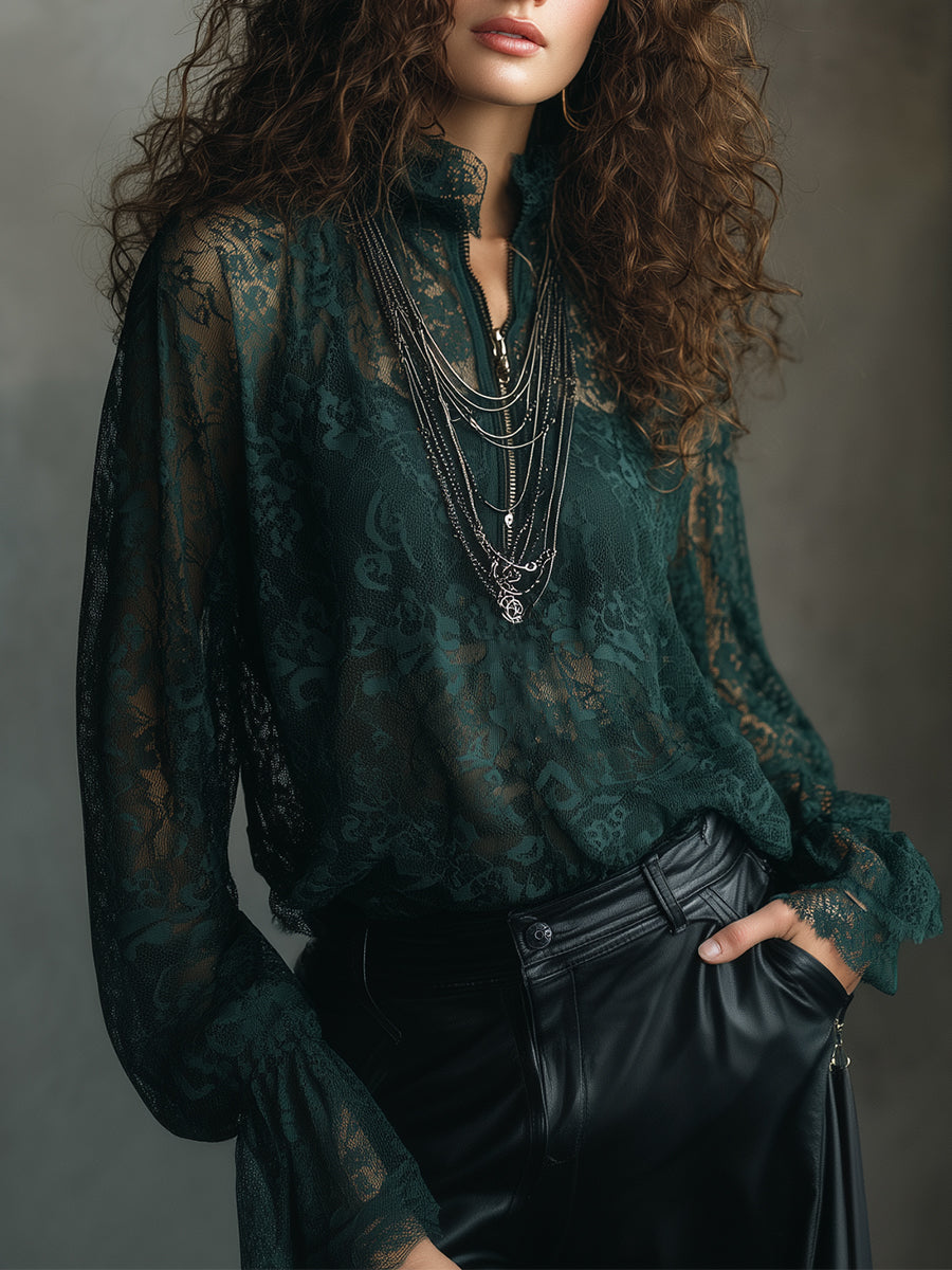 Bohemian Lace Bell Cuffs Front Zip Loose Blouse