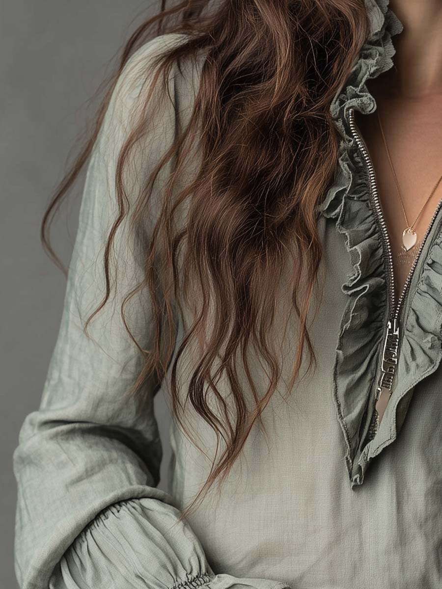 Vintage Ruffled Half-Zip Boho Blouse