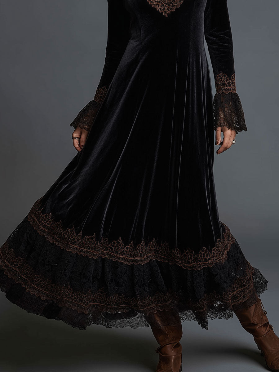 Retro Gold Velvet Lace Splicing Maxi Dress