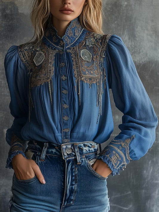(sale)Regal Charm Embroidered Blue Lace Blouse