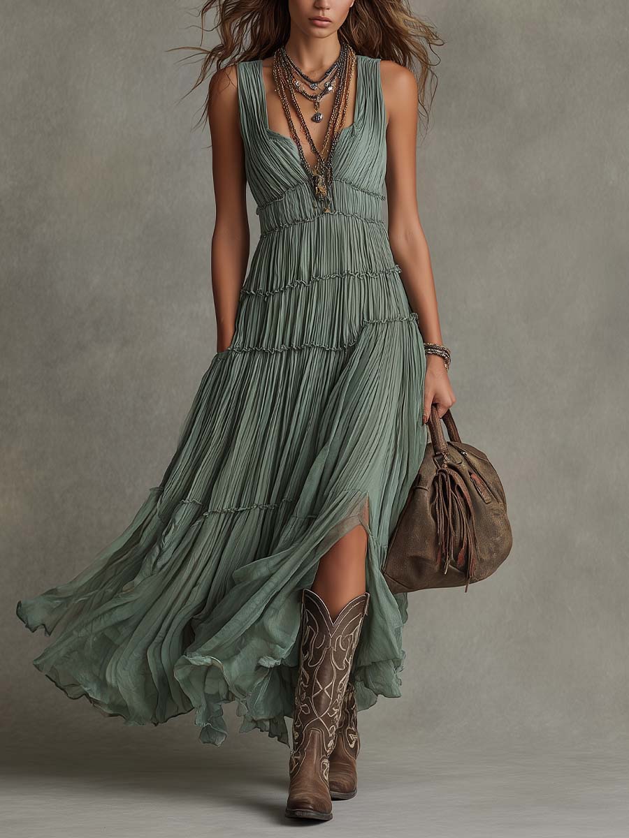 Bohemian Holiday Pleated Chiffon Tiered Maxi Dress