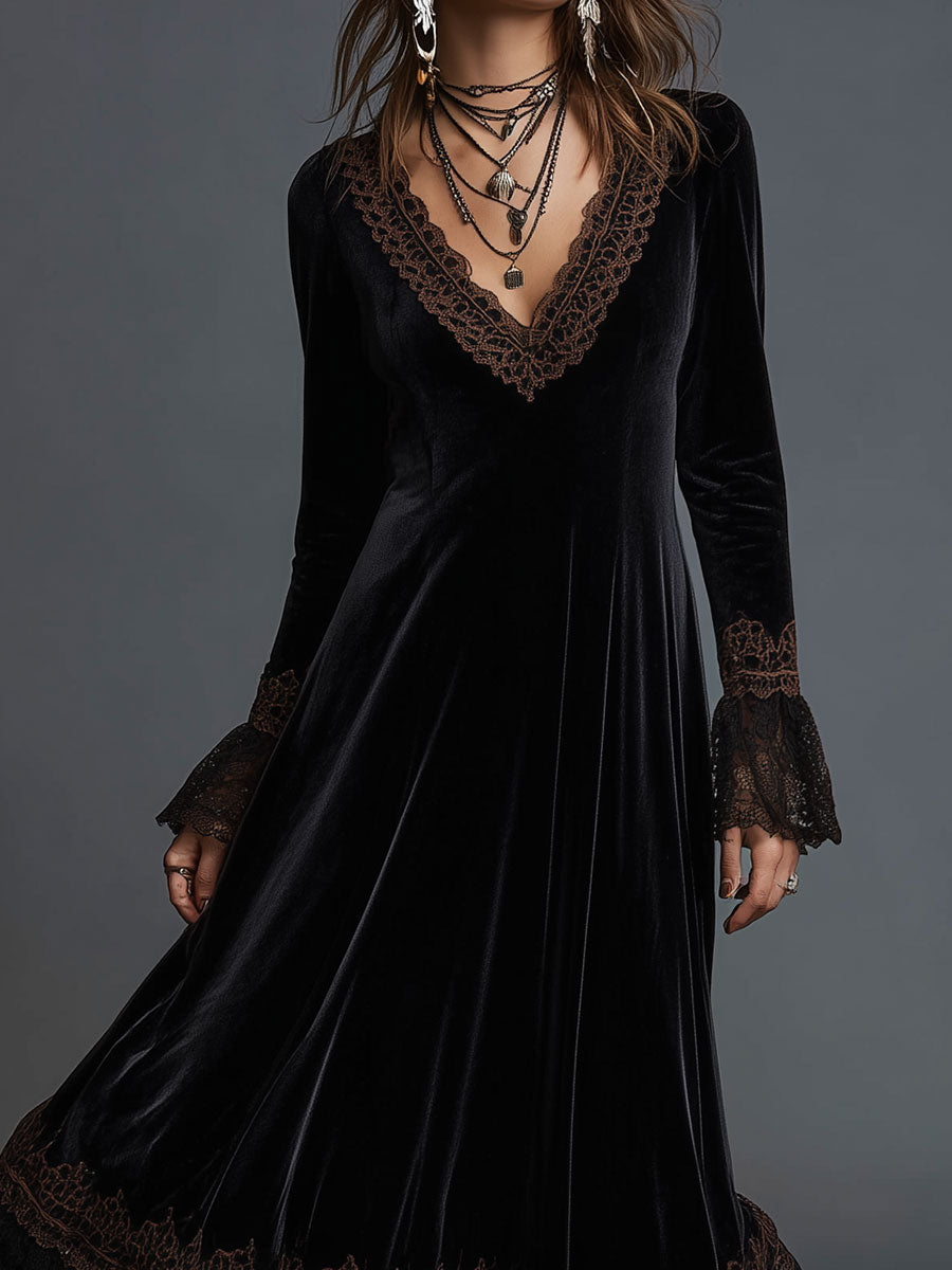 Retro Gold Velvet Lace Splicing Maxi Dress