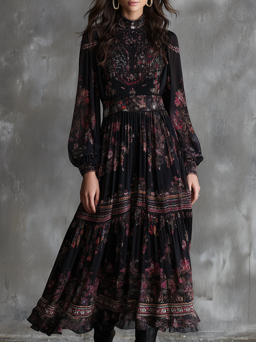 Retro Ethnic Print Pleated Chiffon Ruffle Midi Dress