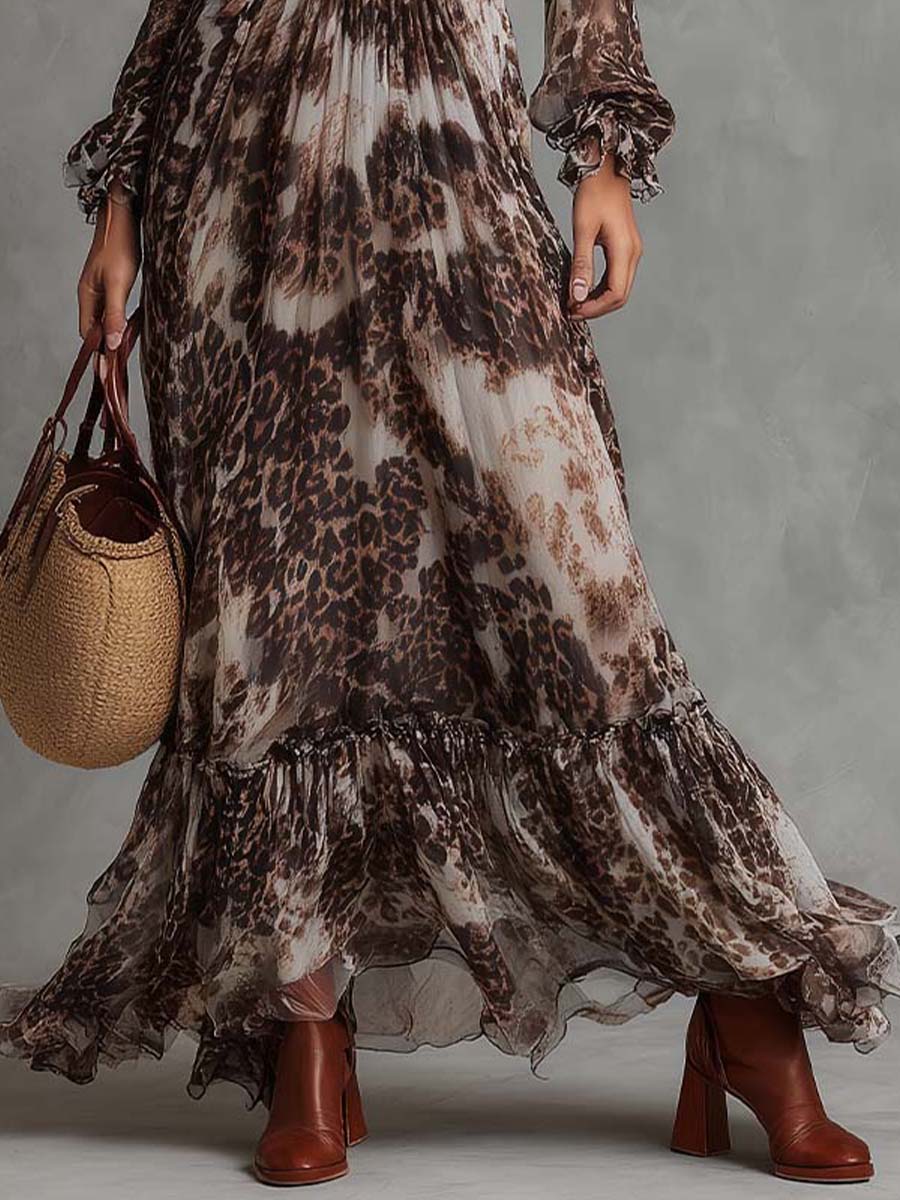 Leopard Chiffon Long-Sleeve Tie-Front Maxi Dress